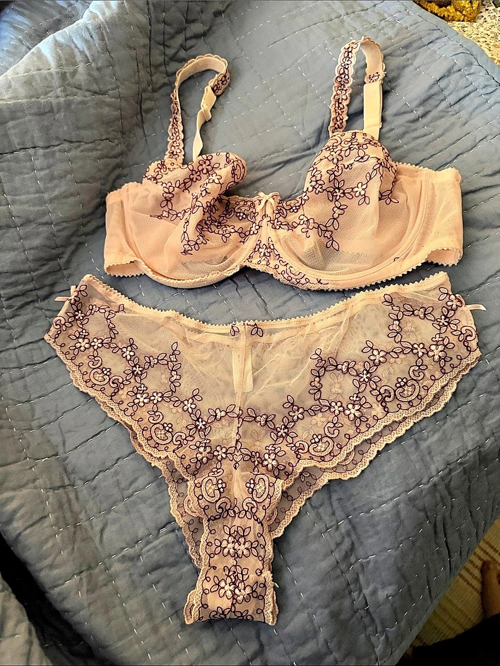 Etam Floral Lace Bra & Panty Set in Pink, Size 36D, L panties - Picture 1 of 11